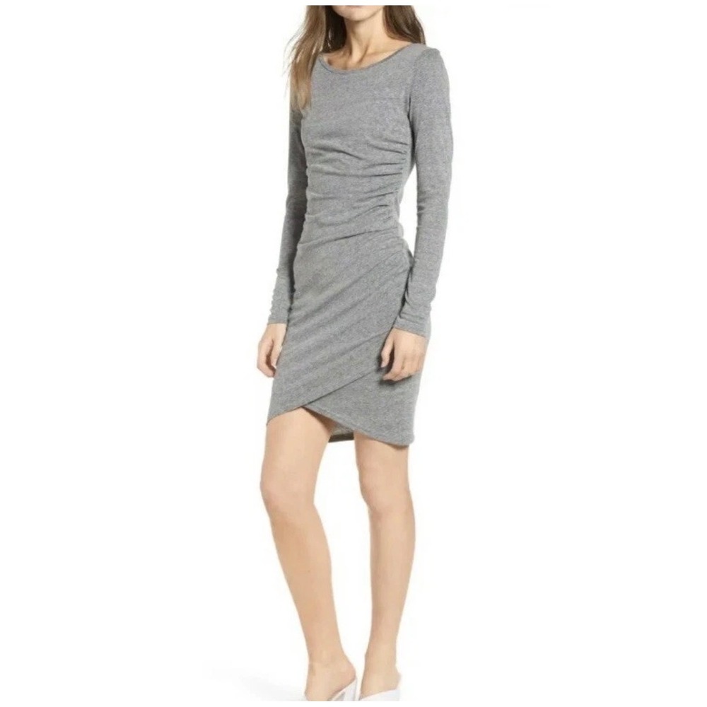Leith Gray Long Sleeve Ruched Dress Asymmetrical Hem Size M EUC